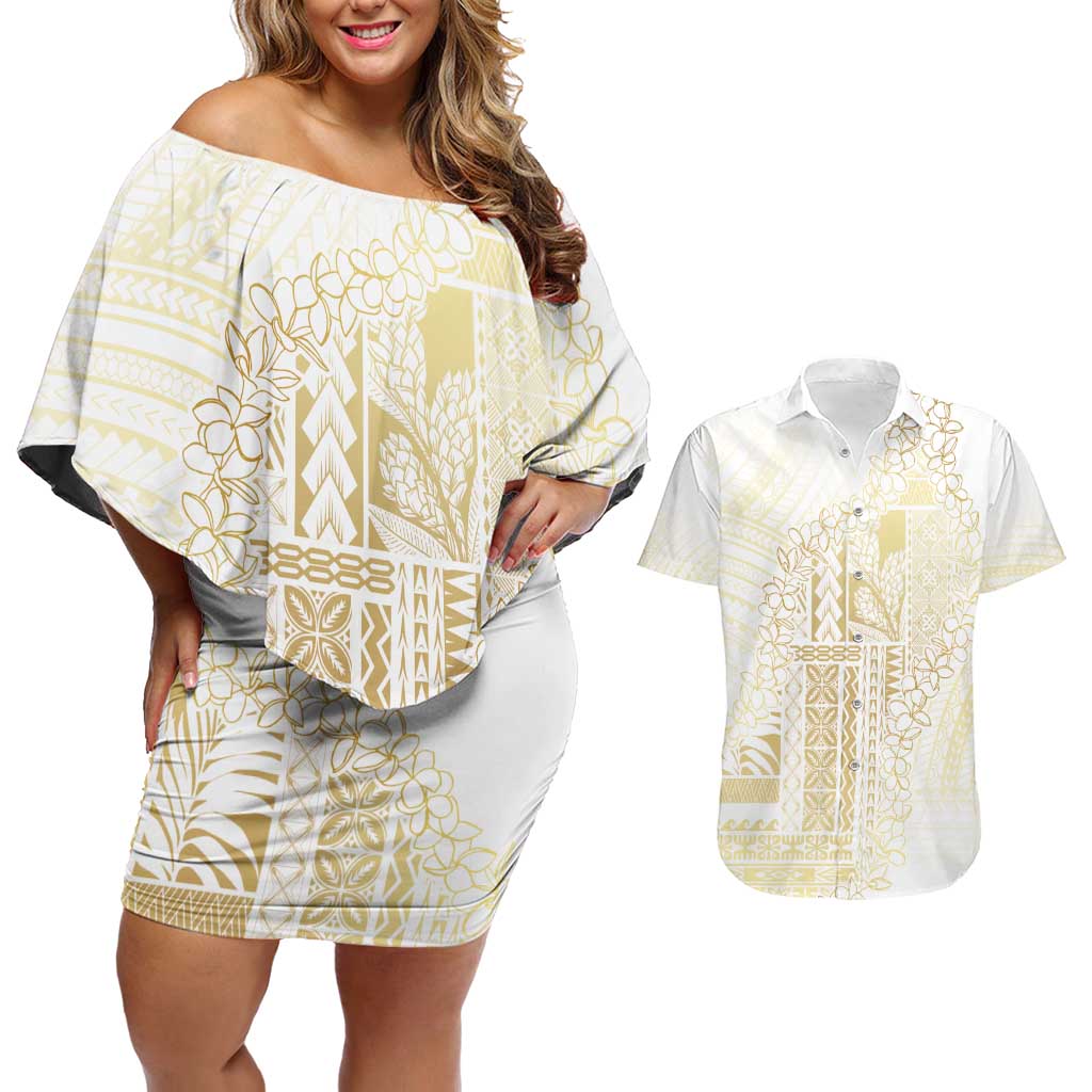 Samoa Lotu Tamaiti Mamanu Siapo Couples Matching Off Shoulder Short Dress and Hawaiian Shirt Golden Plumeria LT7 Gold - Polynesian Pride