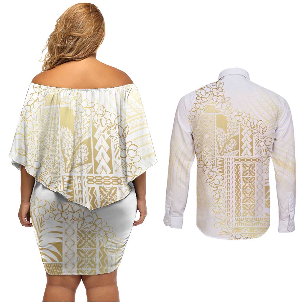 Samoa Lotu Tamaiti Mamanu Siapo Couples Matching Off Shoulder Short Dress and Long Sleeve Button Shirt Golden Plumeria LT7 - Polynesian Pride