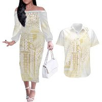 Samoa Lotu Tamaiti Mamanu Siapo Couples Matching Off The Shoulder Long Sleeve Dress and Hawaiian Shirt Golden Plumeria LT7 Gold - Polynesian Pride