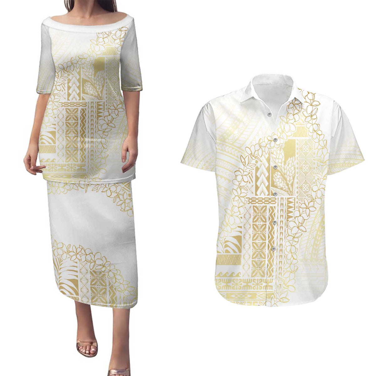 Samoa Lotu Tamaiti Mamanu Siapo Couples Matching Puletasi and Hawaiian Shirt Golden Plumeria LT7 Gold - Polynesian Pride