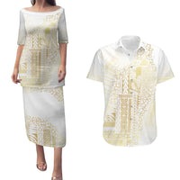 Samoa Lotu Tamaiti Mamanu Siapo Couples Matching Puletasi and Hawaiian Shirt Golden Plumeria LT7 Gold - Polynesian Pride