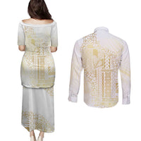 Samoa Lotu Tamaiti Mamanu Siapo Couples Matching Puletasi and Long Sleeve Button Shirt Golden Plumeria LT7 - Polynesian Pride