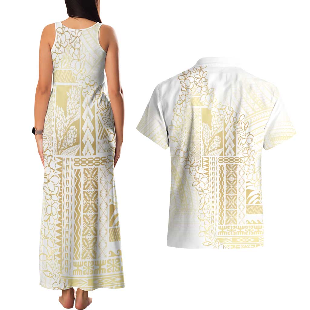 Samoa Lotu Tamaiti Mamanu Siapo Couples Matching Tank Maxi Dress and Hawaiian Shirt Golden Plumeria LT7 - Polynesian Pride