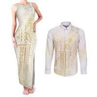 Samoa Lotu Tamaiti Mamanu Siapo Couples Matching Tank Maxi Dress and Long Sleeve Button Shirt Golden Plumeria LT7 Gold - Polynesian Pride