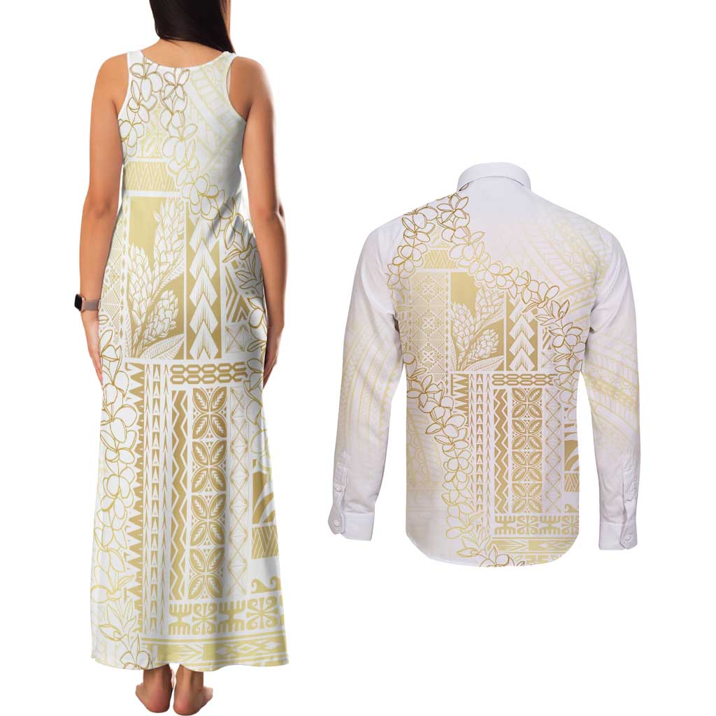 Samoa Lotu Tamaiti Mamanu Siapo Couples Matching Tank Maxi Dress and Long Sleeve Button Shirt Golden Plumeria LT7 - Polynesian Pride