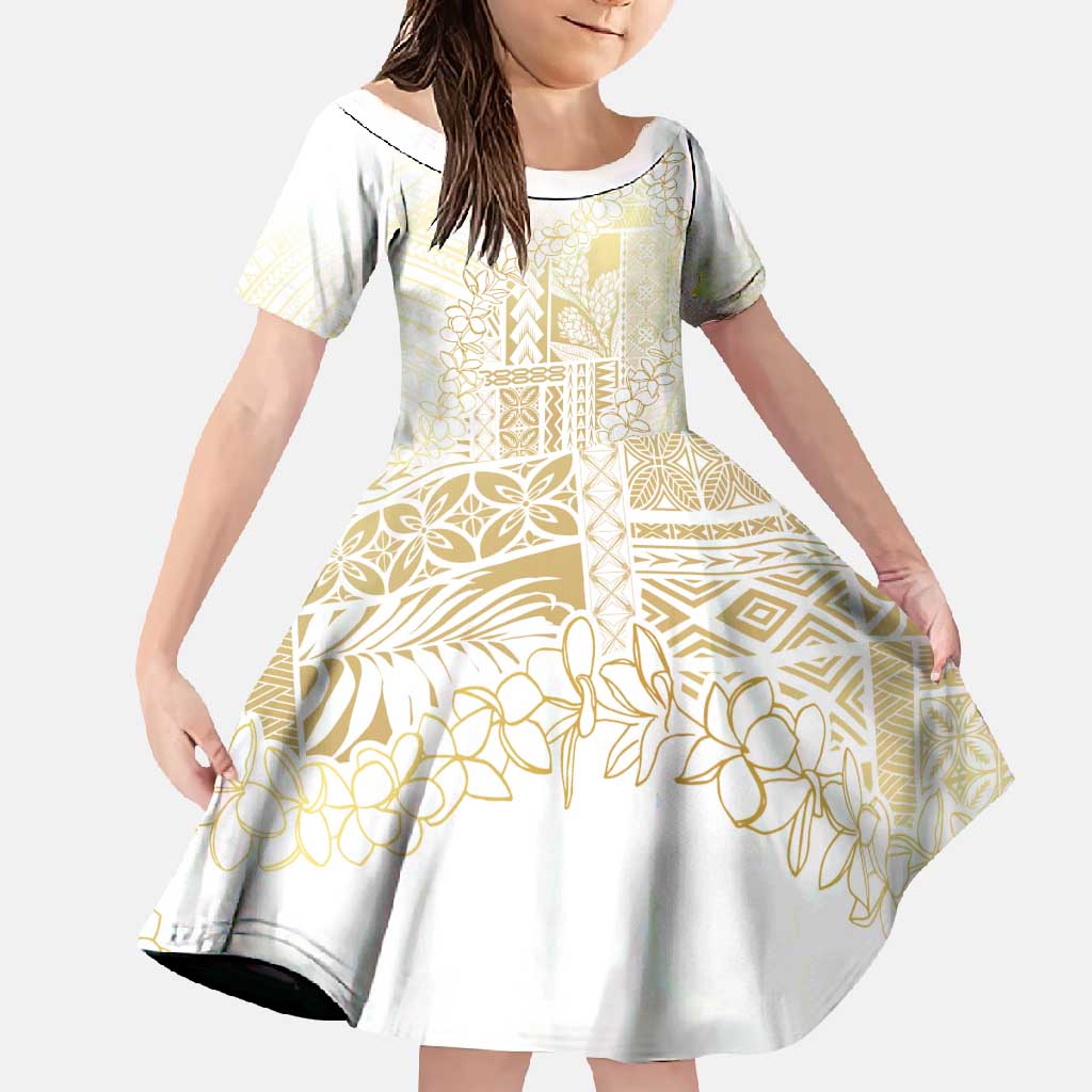 Samoa Lotu Tamaiti Mamanu Siapo Family Matching Mermaid Dress and Hawaiian Shirt Golden Plumeria LT7 Daughter's Dress Gold - Polynesian Pride