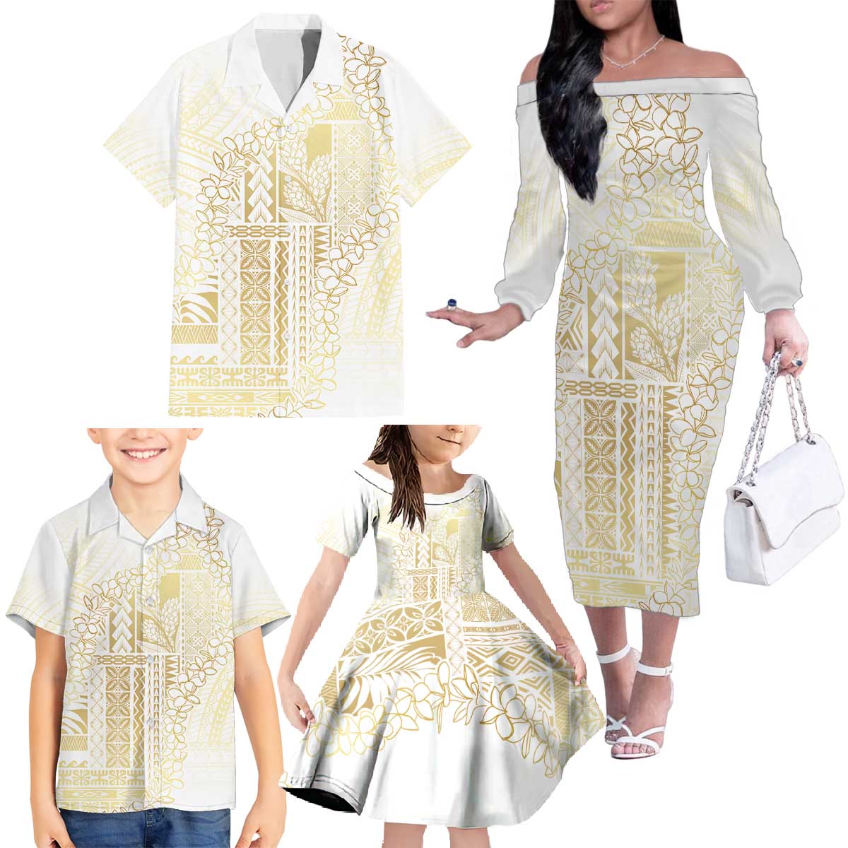 Samoa Lotu Tamaiti Mamanu Siapo Family Matching Off The Shoulder Long Sleeve Dress and Hawaiian Shirt Golden Plumeria LT7 - Polynesian Pride