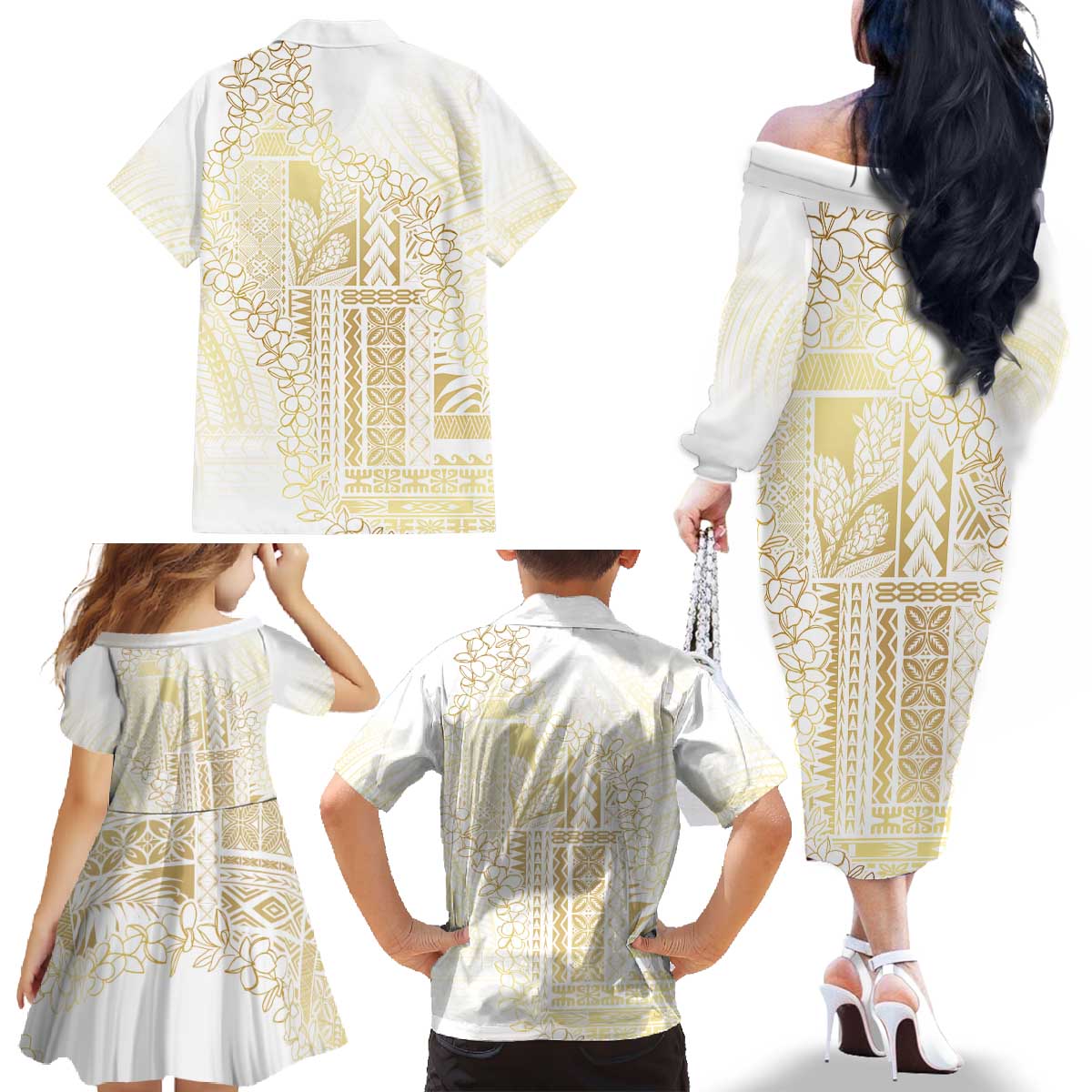Samoa Lotu Tamaiti Mamanu Siapo Family Matching Off The Shoulder Long Sleeve Dress and Hawaiian Shirt Golden Plumeria LT7 - Polynesian Pride