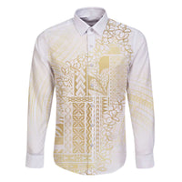 Samoa Lotu Tamaiti Mamanu Siapo Family Matching Off The Shoulder Long Sleeve Dress and Hawaiian Shirt Golden Plumeria LT7 Dad's Shirt - Long Sleeve Gold - Polynesian Pride