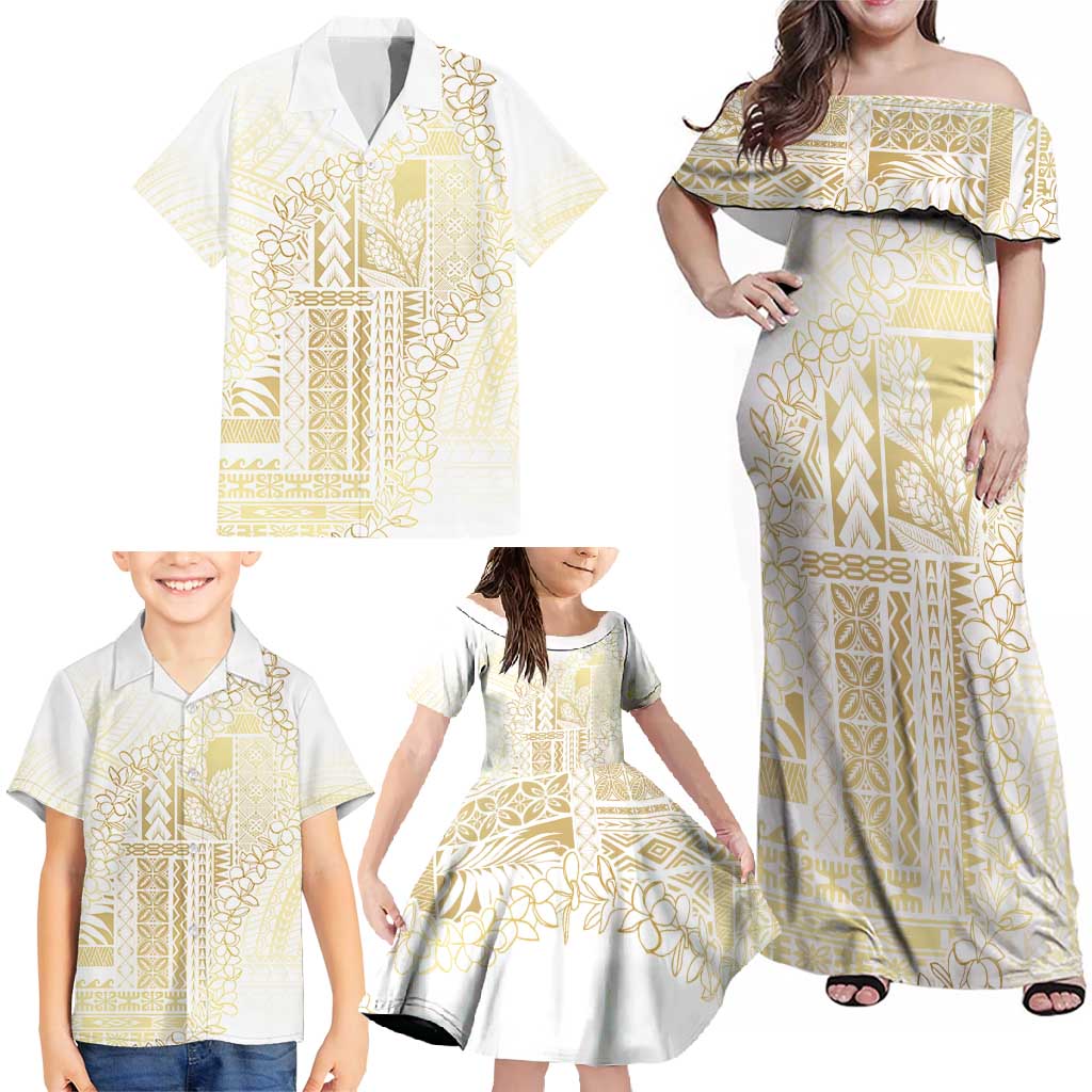 Samoa Lotu Tamaiti Mamanu Siapo Family Matching Off Shoulder Maxi Dress and Hawaiian Shirt Golden Plumeria LT7 - Polynesian Pride