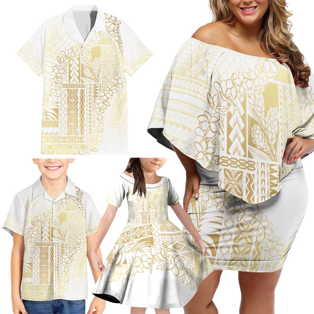 Samoa Lotu Tamaiti Mamanu Siapo Family Matching Off Shoulder Short Dress and Hawaiian Shirt Golden Plumeria LT7 - Polynesian Pride
