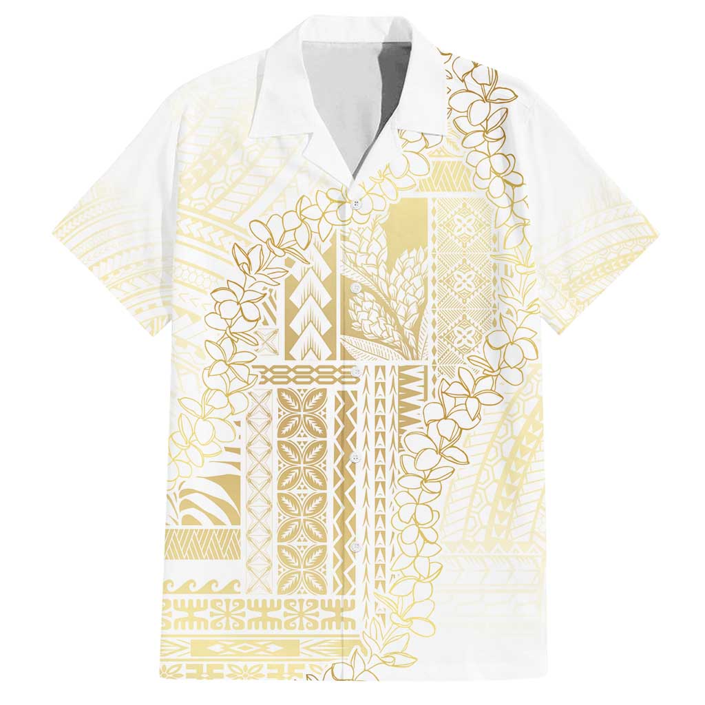 Samoa Lotu Tamaiti Mamanu Siapo Family Matching Off Shoulder Short Dress and Hawaiian Shirt Golden Plumeria LT7 Dad's Shirt - Short Sleeve Gold - Polynesian Pride