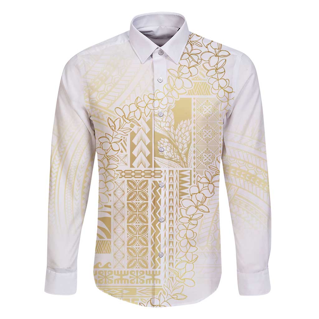 Samoa Lotu Tamaiti Mamanu Siapo Family Matching Off Shoulder Short Dress and Hawaiian Shirt Golden Plumeria LT7 Dad's Shirt - Long Sleeve Gold - Polynesian Pride