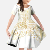 Samoa Lotu Tamaiti Mamanu Siapo Family Matching Short Sleeve Bodycon Dress and Hawaiian Shirt Golden Plumeria LT7 Daughter's Dress Gold - Polynesian Pride