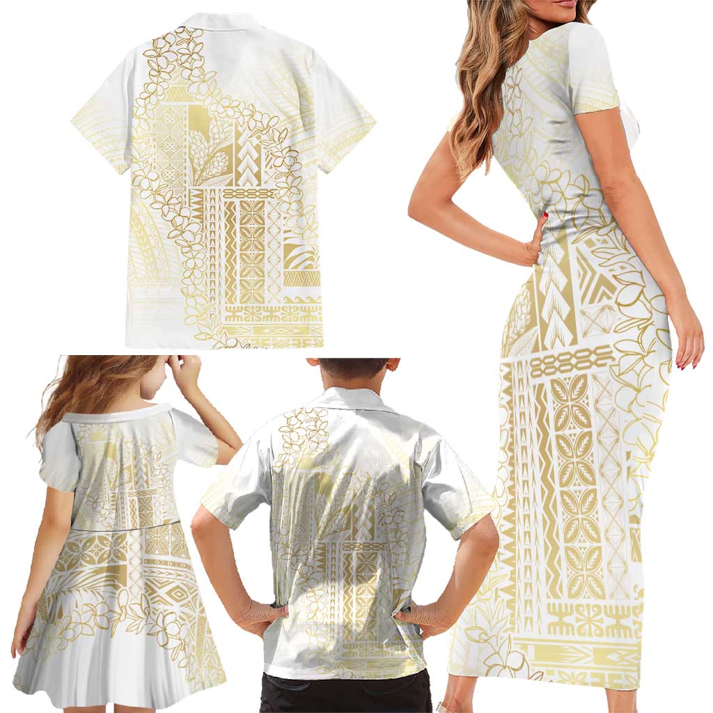 Samoa Lotu Tamaiti Mamanu Siapo Family Matching Short Sleeve Bodycon Dress and Hawaiian Shirt Golden Plumeria LT7 - Polynesian Pride