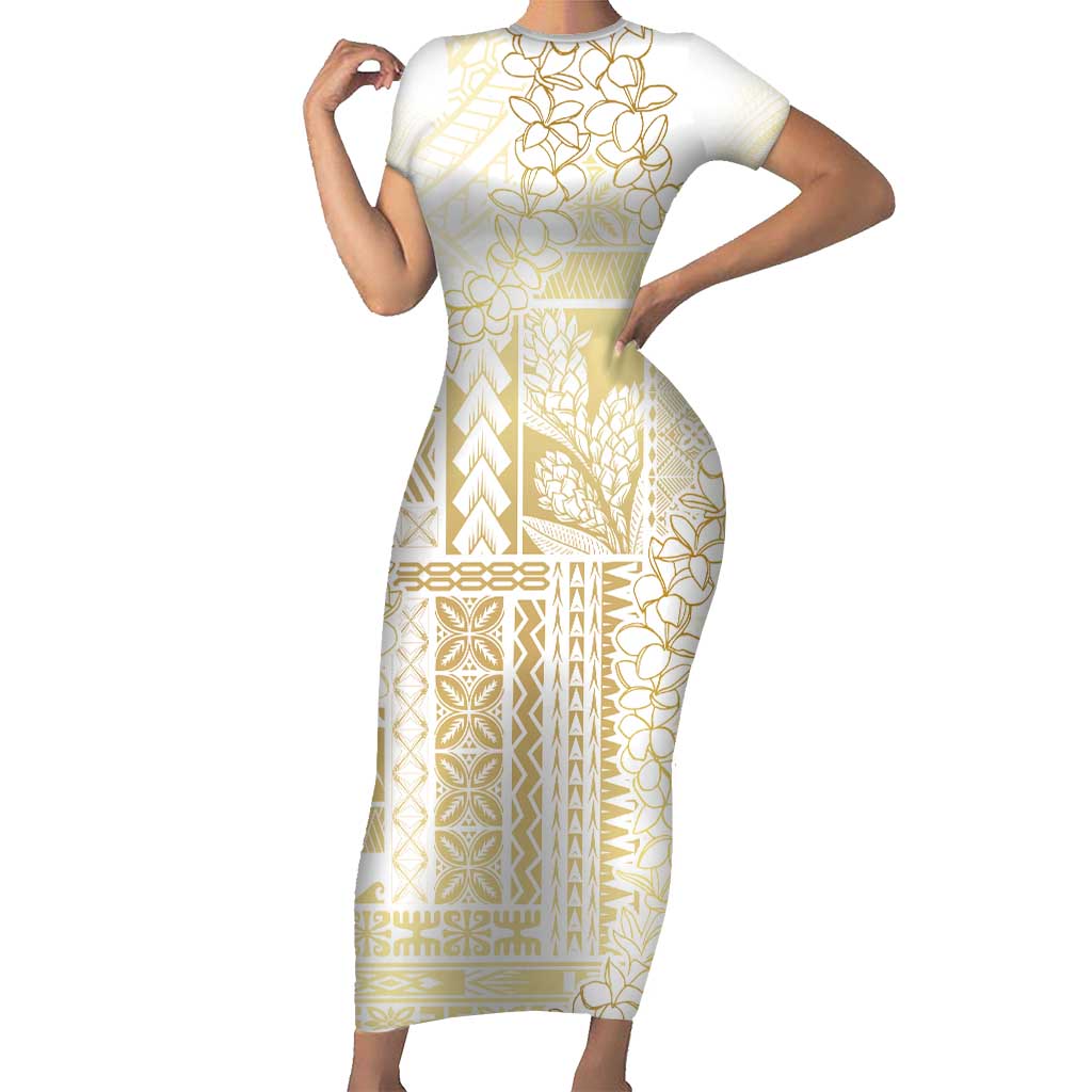 Samoa Lotu Tamaiti Mamanu Siapo Family Matching Short Sleeve Bodycon Dress and Hawaiian Shirt Golden Plumeria LT7 Mom's Dress Gold - Polynesian Pride