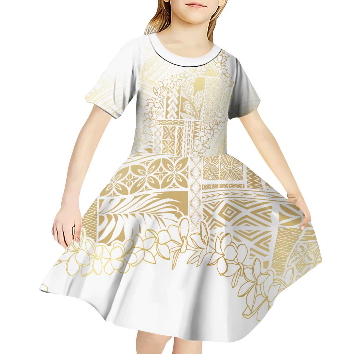 Samoa Lotu Tamaiti Mamanu Siapo Kid Short Sleeve Dress Golden Plumeria LT7 - Polynesian Pride