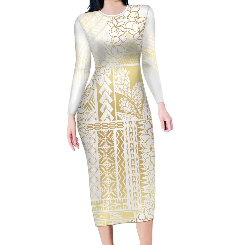 Samoa Lotu Tamaiti Mamanu Siapo Long Sleeve Bodycon Dress Golden Plumeria LT7 Long Dress Gold - Polynesian Pride