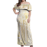 Samoa Lotu Tamaiti Mamanu Siapo Off Shoulder Maxi Dress Golden Plumeria LT7 Women Gold - Polynesian Pride
