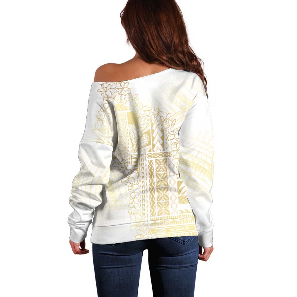 Samoa Lotu Tamaiti Mamanu Siapo Off Shoulder Sweater Golden Plumeria - Polynesian Pride