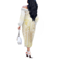 Samoa Lotu Tamaiti Mamanu Siapo Off The Shoulder Long Sleeve Dress Golden Plumeria LT7 - Polynesian Pride