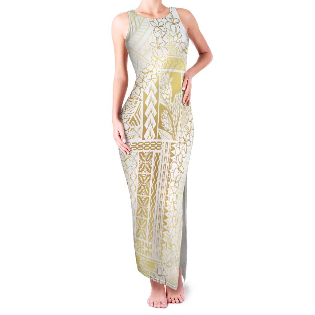 Samoa Lotu Tamaiti Mamanu Siapo Tank Maxi Dress Golden Plumeria LT7 Women Gold - Polynesian Pride
