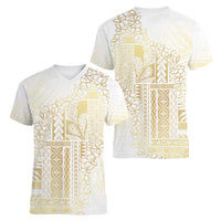 Samoa Lotu Tamaiti Mamanu Siapo Women V-Neck T-Shirt Golden Plumeria LT7 - Polynesian Pride