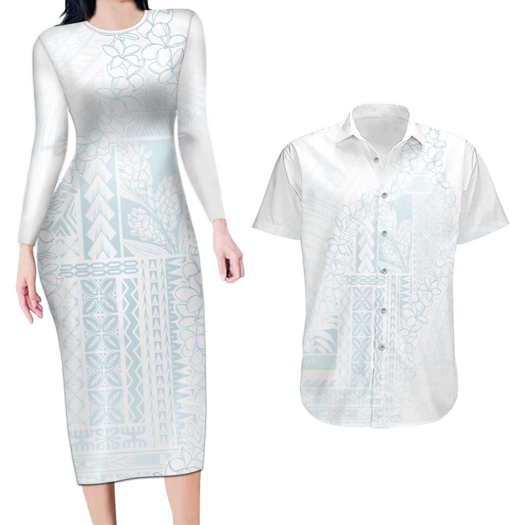Samoa Lotu Tamaiti Mamanu Siapo Couples Matching Long Sleeve Bodycon Dress and Hawaiian Shirt Off White Plumeria LT7 Baby Blue - Polynesian Pride