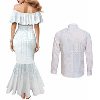 Samoa Lotu Tamaiti Mamanu Siapo Couples Matching Mermaid Dress and Long Sleeve Button Shirt Off White Plumeria LT7 - Polynesian Pride
