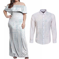 Samoa Lotu Tamaiti Mamanu Siapo Couples Matching Off Shoulder Maxi Dress and Long Sleeve Button Shirt Off White Plumeria LT7 Baby Blue - Polynesian Pride