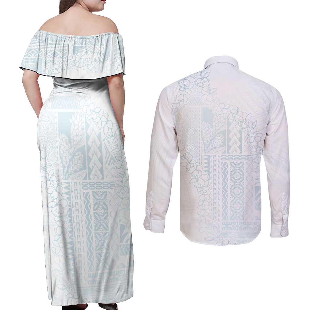 Samoa Lotu Tamaiti Mamanu Siapo Couples Matching Off Shoulder Maxi Dress and Long Sleeve Button Shirt Off White Plumeria LT7 - Polynesian Pride