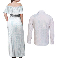 Samoa Lotu Tamaiti Mamanu Siapo Couples Matching Off Shoulder Maxi Dress and Long Sleeve Button Shirt Off White Plumeria LT7 - Polynesian Pride