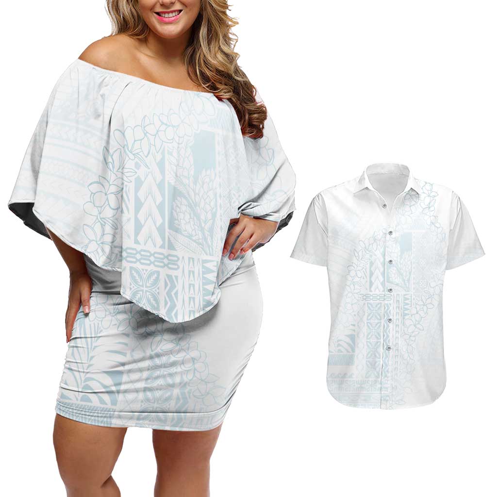 Samoa Lotu Tamaiti Mamanu Siapo Couples Matching Off Shoulder Short Dress and Hawaiian Shirt Off White Plumeria LT7 Baby Blue - Polynesian Pride