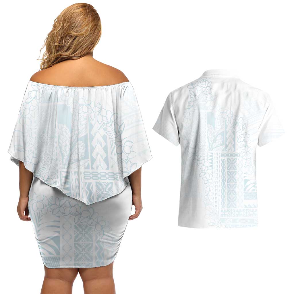 Samoa Lotu Tamaiti Mamanu Siapo Couples Matching Off Shoulder Short Dress and Hawaiian Shirt Off White Plumeria LT7 - Polynesian Pride