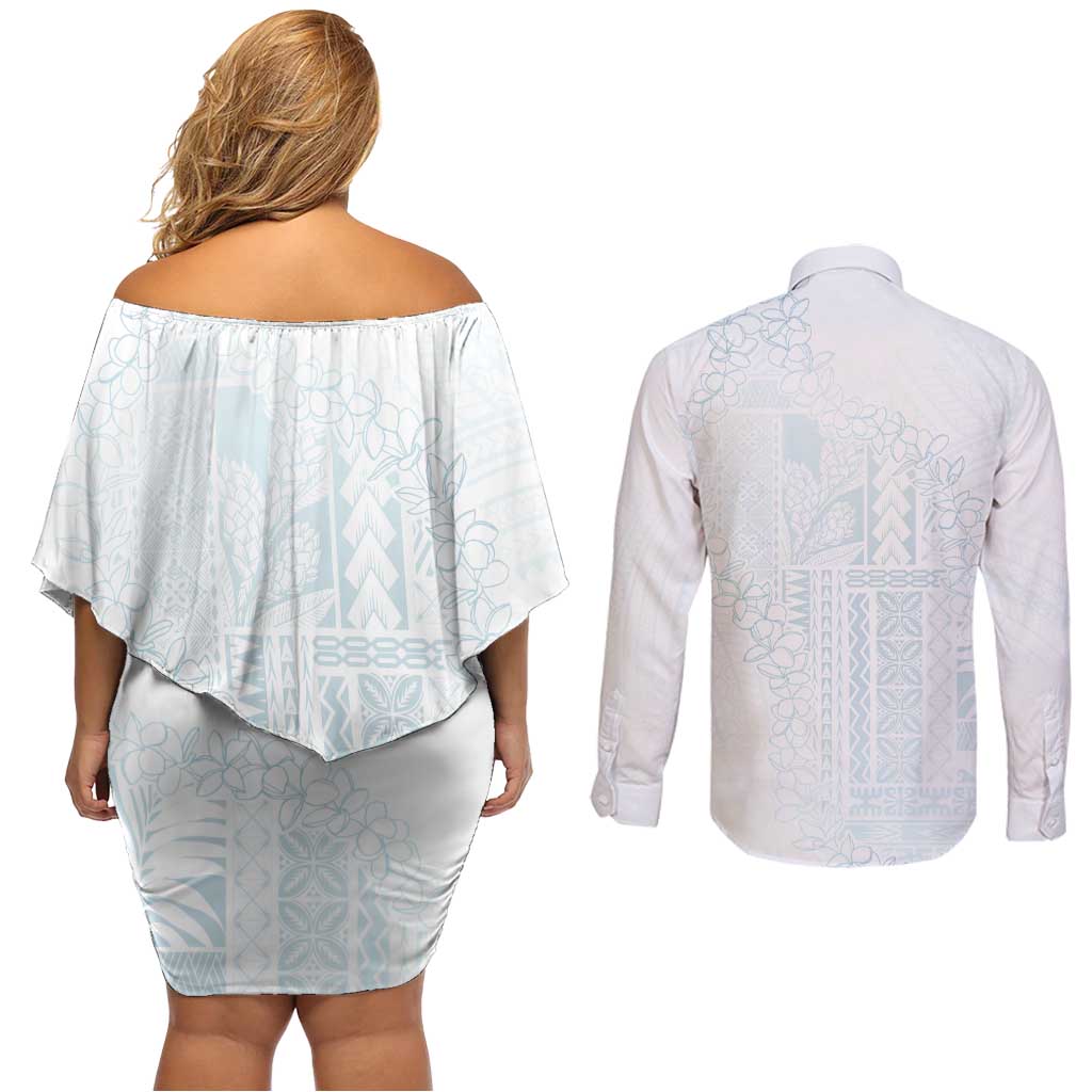 Samoa Lotu Tamaiti Mamanu Siapo Couples Matching Off Shoulder Short Dress and Long Sleeve Button Shirt Off White Plumeria LT7 - Polynesian Pride