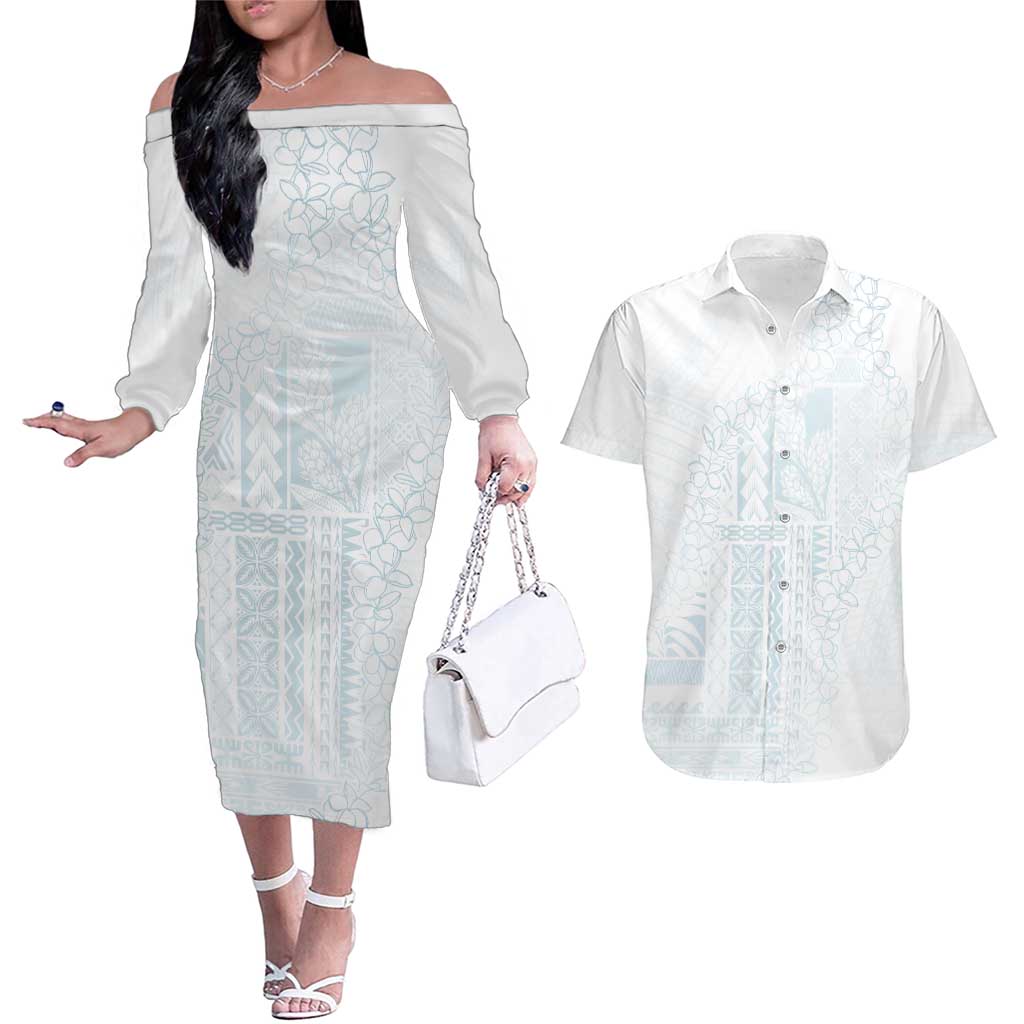 Samoa Lotu Tamaiti Mamanu Siapo Couples Matching Off The Shoulder Long Sleeve Dress and Hawaiian Shirt Off White Plumeria LT7 Baby Blue - Polynesian Pride