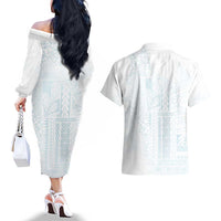 Samoa Lotu Tamaiti Mamanu Siapo Couples Matching Off The Shoulder Long Sleeve Dress and Hawaiian Shirt Off White Plumeria LT7 - Polynesian Pride