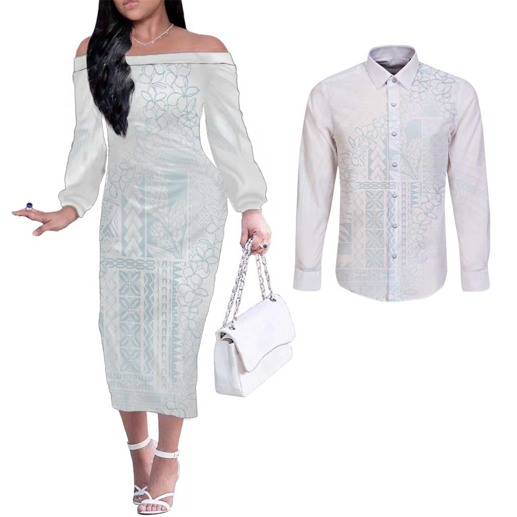 Samoa Lotu Tamaiti Mamanu Siapo Couples Matching Off The Shoulder Long Sleeve Dress and Long Sleeve Button Shirt Off White Plumeria LT7 Baby Blue - Polynesian Pride