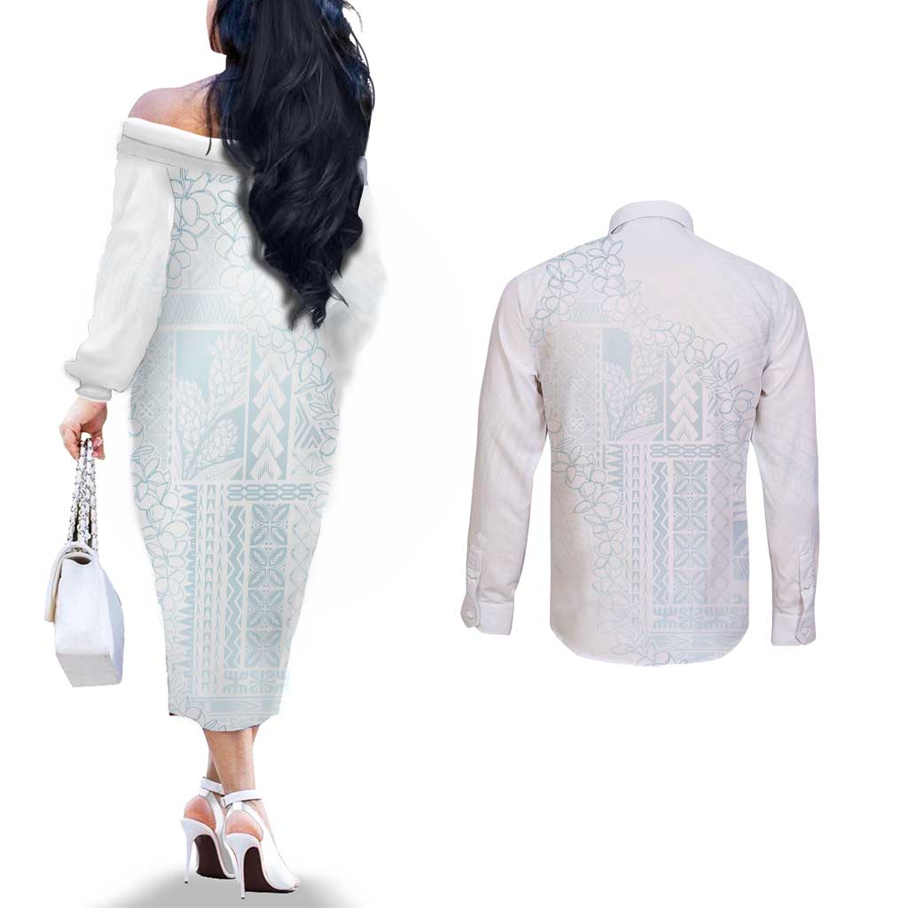 Samoa Lotu Tamaiti Mamanu Siapo Couples Matching Off The Shoulder Long Sleeve Dress and Long Sleeve Button Shirt Off White Plumeria LT7 - Polynesian Pride