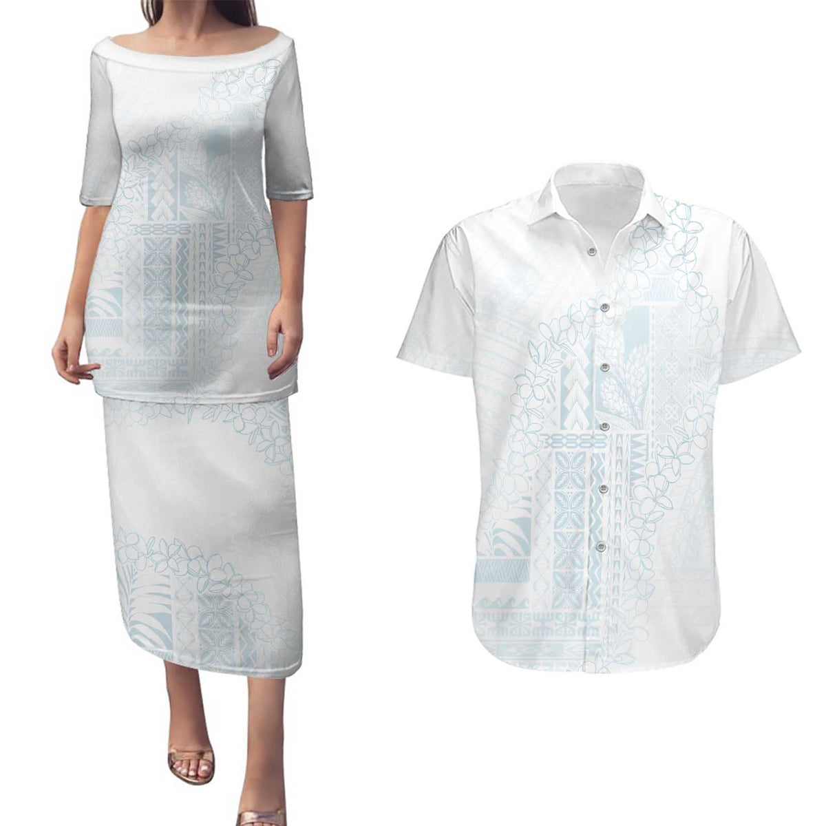 Samoa Lotu Tamaiti Mamanu Siapo Couples Matching Puletasi and Hawaiian Shirt Off White Plumeria LT7 Baby Blue - Polynesian Pride