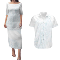 Samoa Lotu Tamaiti Mamanu Siapo Couples Matching Puletasi and Hawaiian Shirt Off White Plumeria LT7 Baby Blue - Polynesian Pride