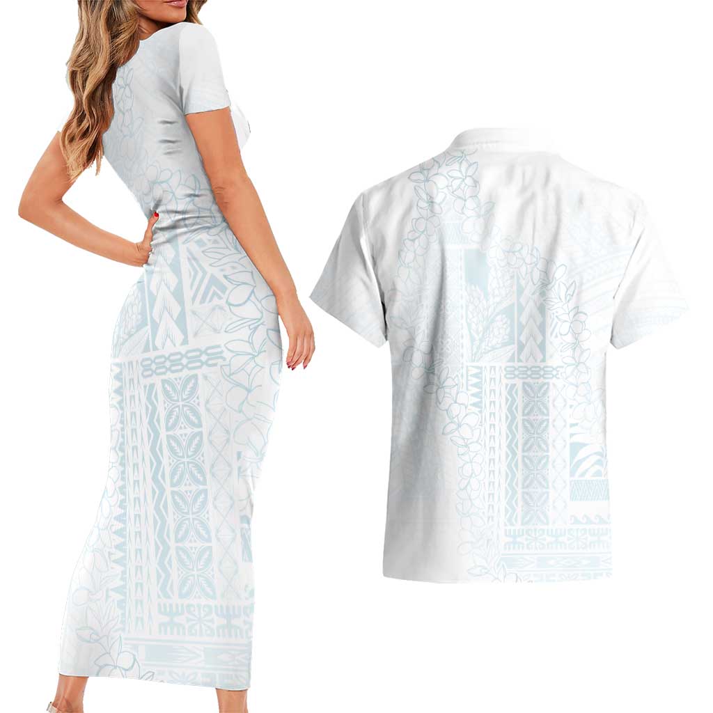 Samoa Lotu Tamaiti Mamanu Siapo Couples Matching Short Sleeve Bodycon Dress and Hawaiian Shirt Off White Plumeria LT7 - Polynesian Pride