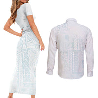 Samoa Lotu Tamaiti Mamanu Siapo Couples Matching Short Sleeve Bodycon Dress and Long Sleeve Button Shirt Off White Plumeria LT7 - Polynesian Pride