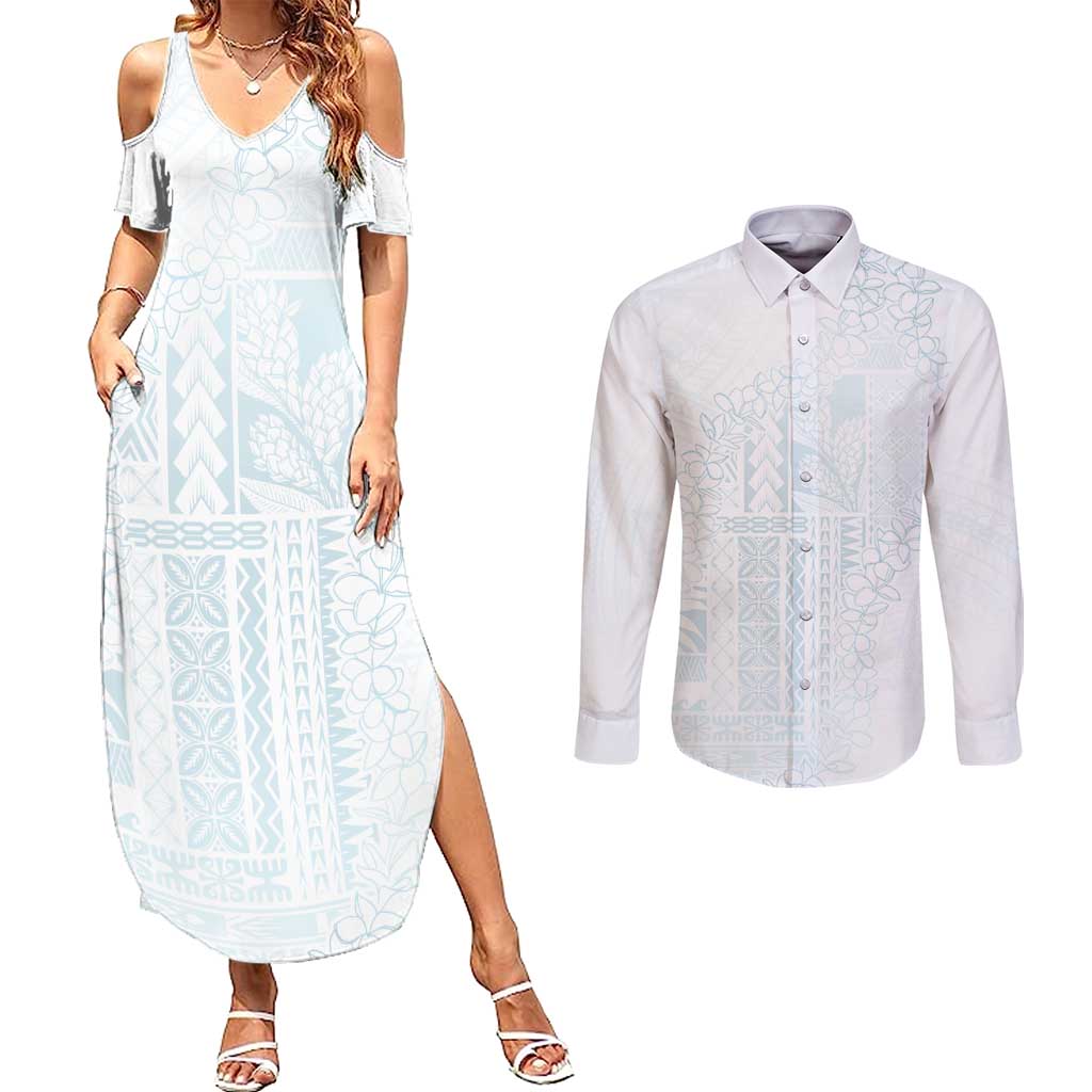 Samoa Lotu Tamaiti Mamanu Siapo Couples Matching Summer Maxi Dress and Long Sleeve Button Shirt Off White Plumeria LT7 Baby Blue - Polynesian Pride