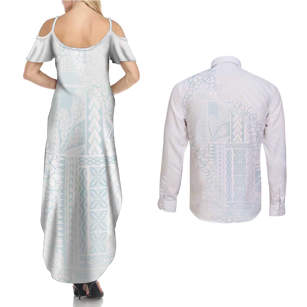 Samoa Lotu Tamaiti Mamanu Siapo Couples Matching Summer Maxi Dress and Long Sleeve Button Shirt Off White Plumeria LT7 - Polynesian Pride
