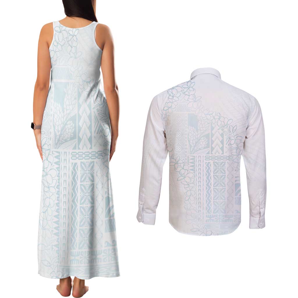 Samoa Lotu Tamaiti Mamanu Siapo Couples Matching Tank Maxi Dress and Long Sleeve Button Shirt Off White Plumeria LT7 - Polynesian Pride