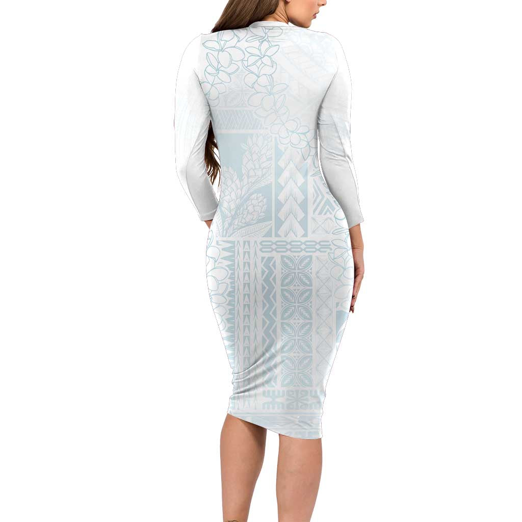 Samoa Lotu Tamaiti Mamanu Siapo Family Matching Long Sleeve Bodycon Dress and Hawaiian Shirt Off White Plumeria LT7 - Polynesian Pride