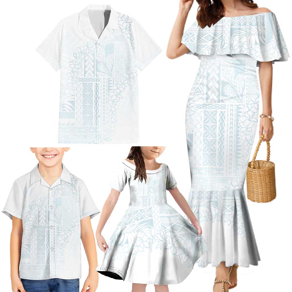 Samoa Lotu Tamaiti Mamanu Siapo Family Matching Mermaid Dress and Hawaiian Shirt Off White Plumeria LT7 - Polynesian Pride