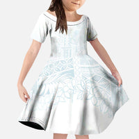 Samoa Lotu Tamaiti Mamanu Siapo Family Matching Off The Shoulder Long Sleeve Dress and Hawaiian Shirt Off White Plumeria LT7 Daughter's Dress Baby Blue - Polynesian Pride