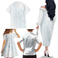 Samoa Lotu Tamaiti Mamanu Siapo Family Matching Off The Shoulder Long Sleeve Dress and Hawaiian Shirt Off White Plumeria LT7 - Polynesian Pride